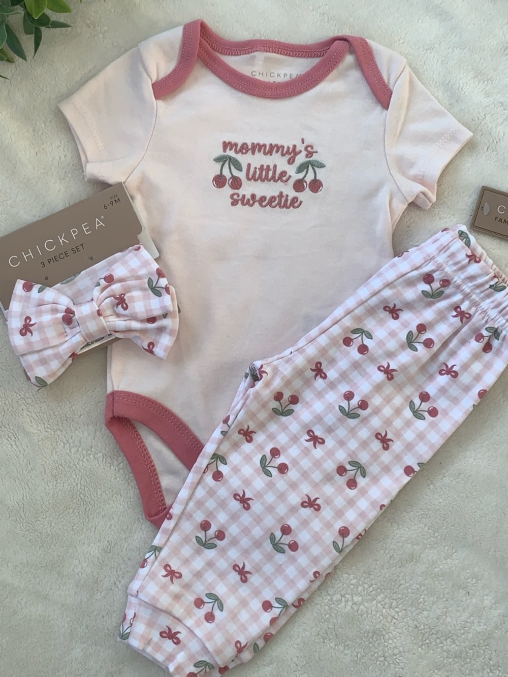 NWT Chick Pea Mommy’s Sweetie 3 pc Cherries Outfit Headband 6-9M